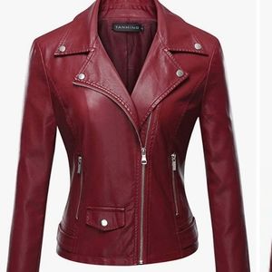 Tanming Red Faux Leather Moto Biker Jacket XL